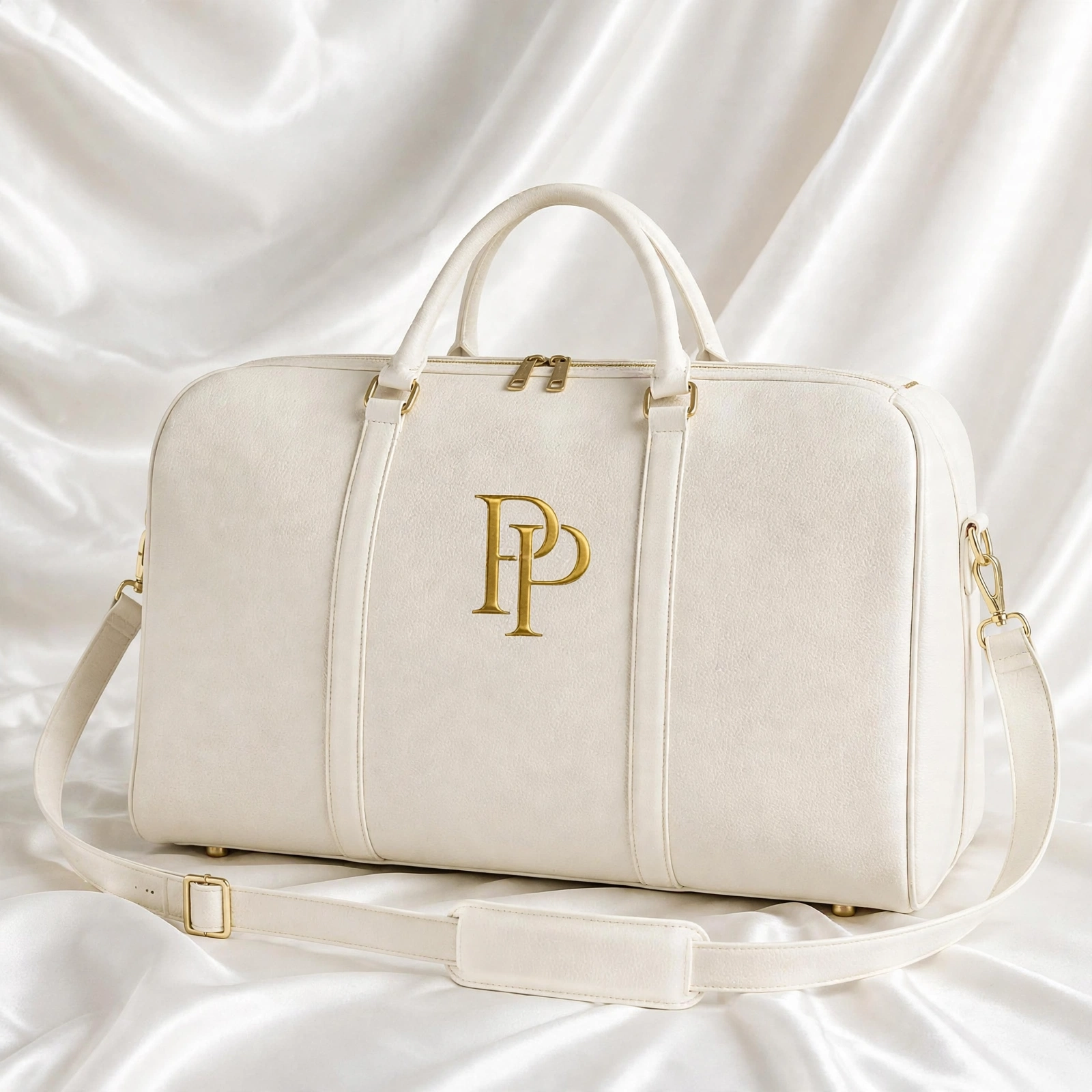 Approved white and gold PressPair Duffel Bag