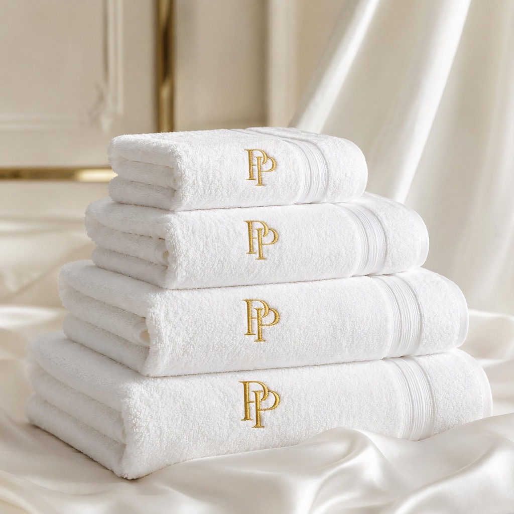 Approved set of four white PressPair towels embroidered with the linked gold PP monogram