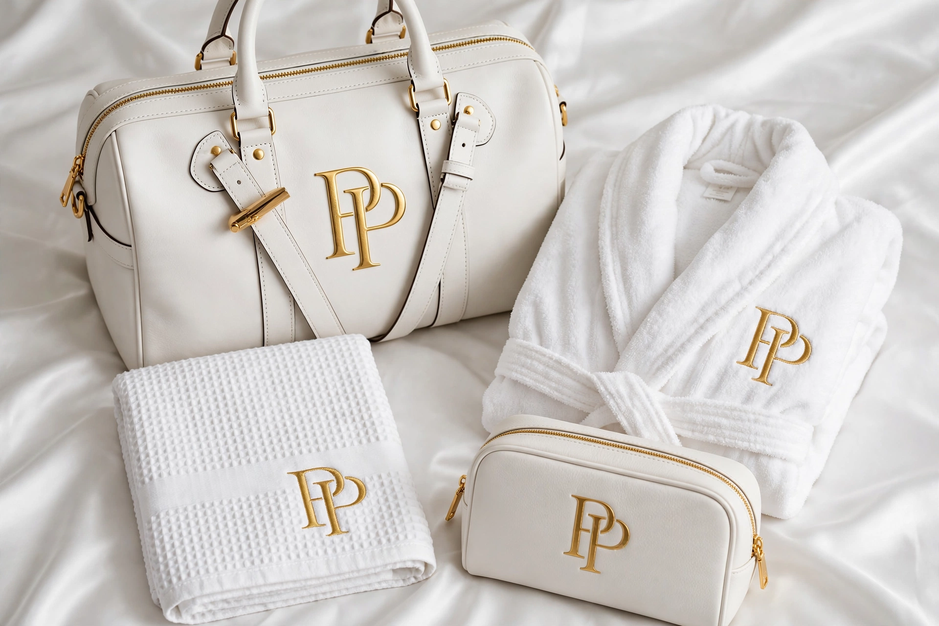 White and gold PressPair duffel, robe, towel, and travel pouch