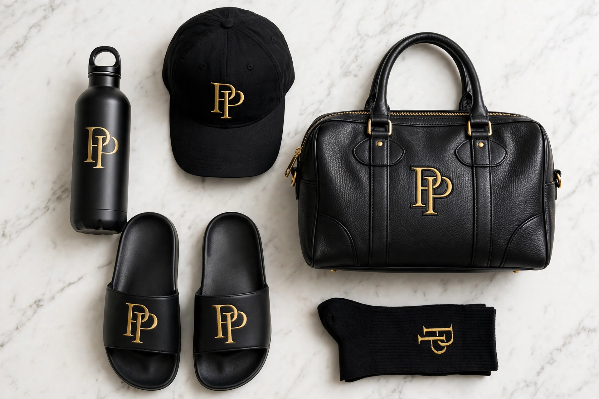 Black PressPair duffel, cap, bottle, slides, and monogram socks