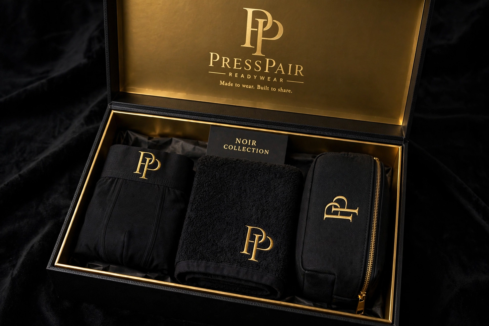 Black PressPair presentation box with underwear, monogram towel, and travel pouch