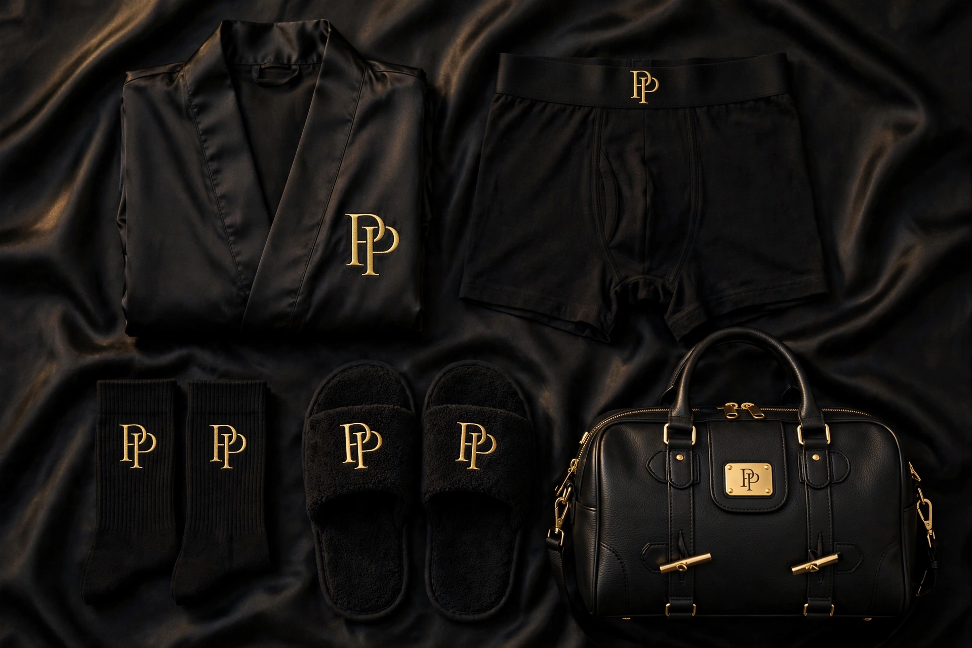 Black PressPair robe, underwear, socks, slippers, and duffel arranged as a weekend wardrobe