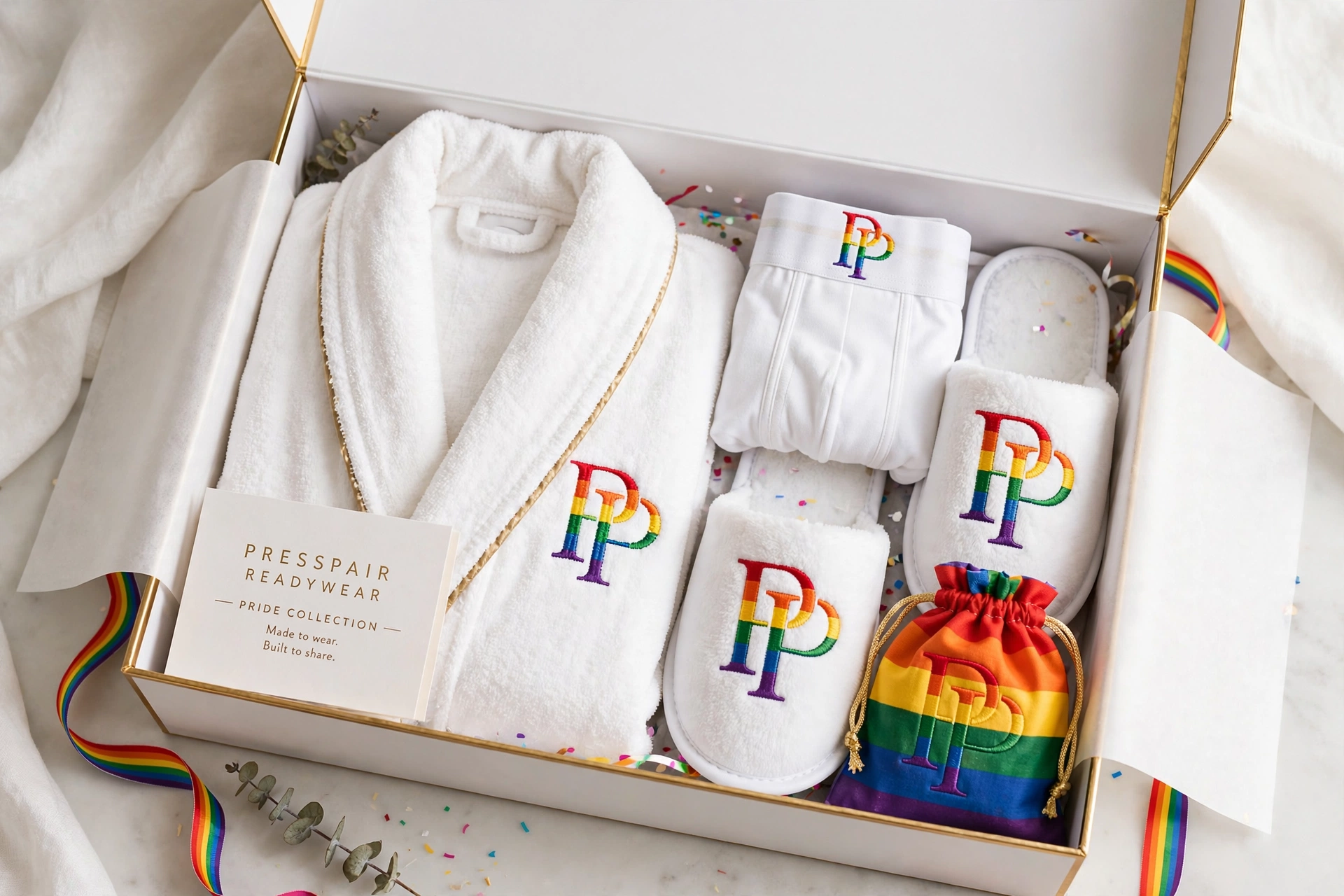 PressPair Pride presentation chest with robe, underwear, slippers, towel, and rainbow pouch