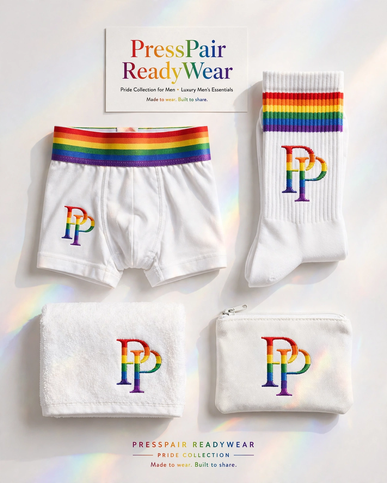 PressPair Pride underwear, monogram sock, towel, and rainbow travel pouch