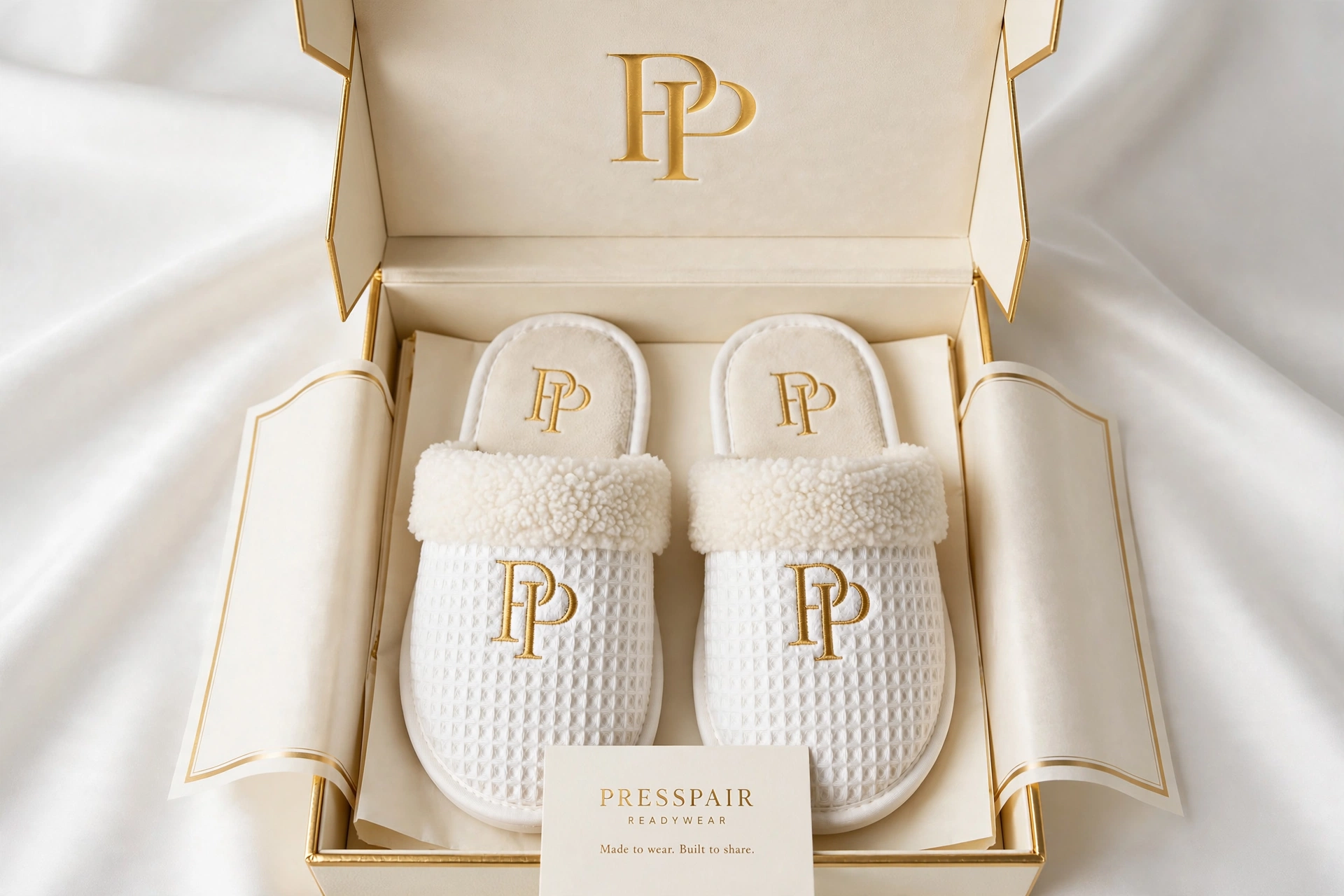 The same white PressPair suite slippers presented in their box