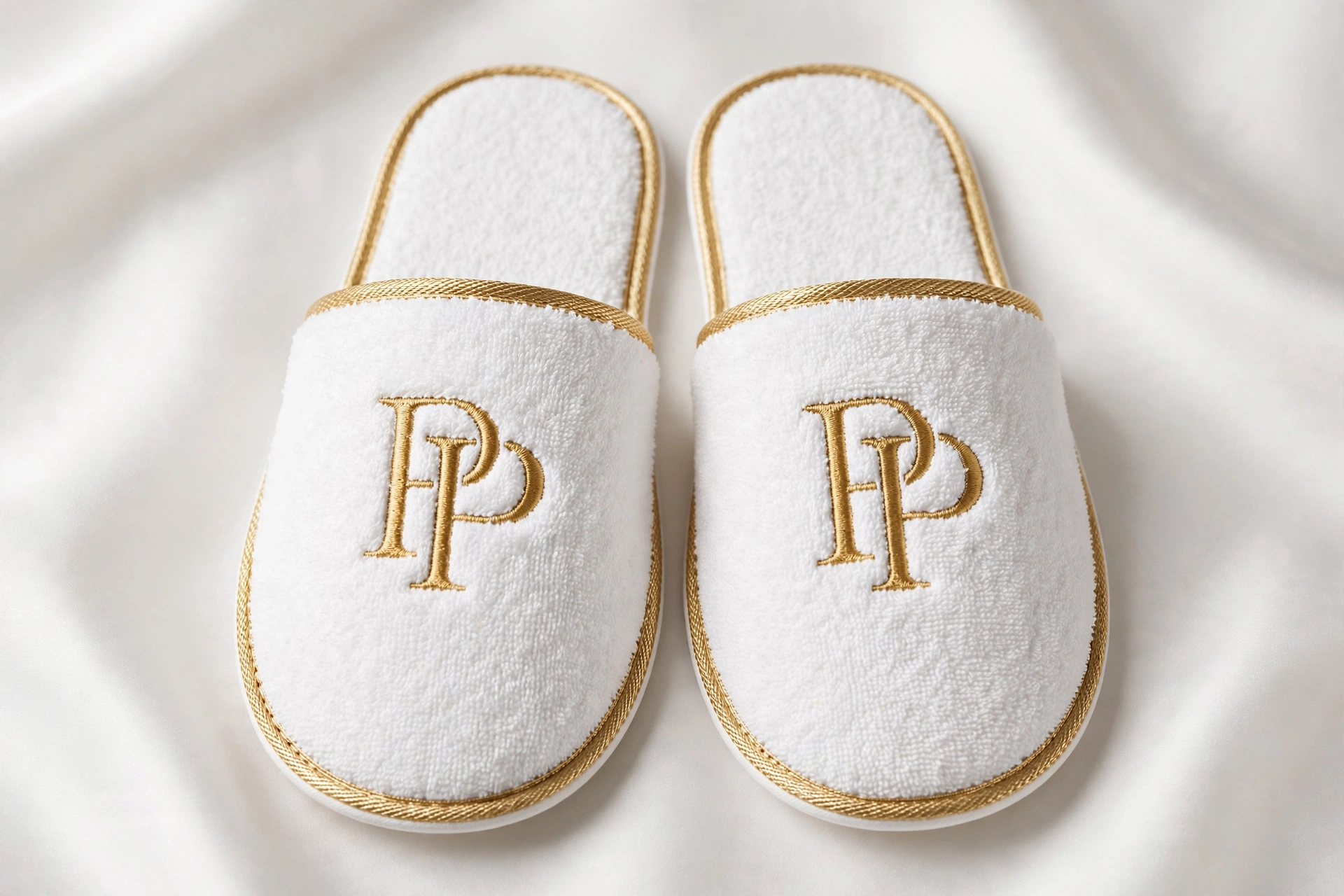 White PressPair suite slippers with gold trim
