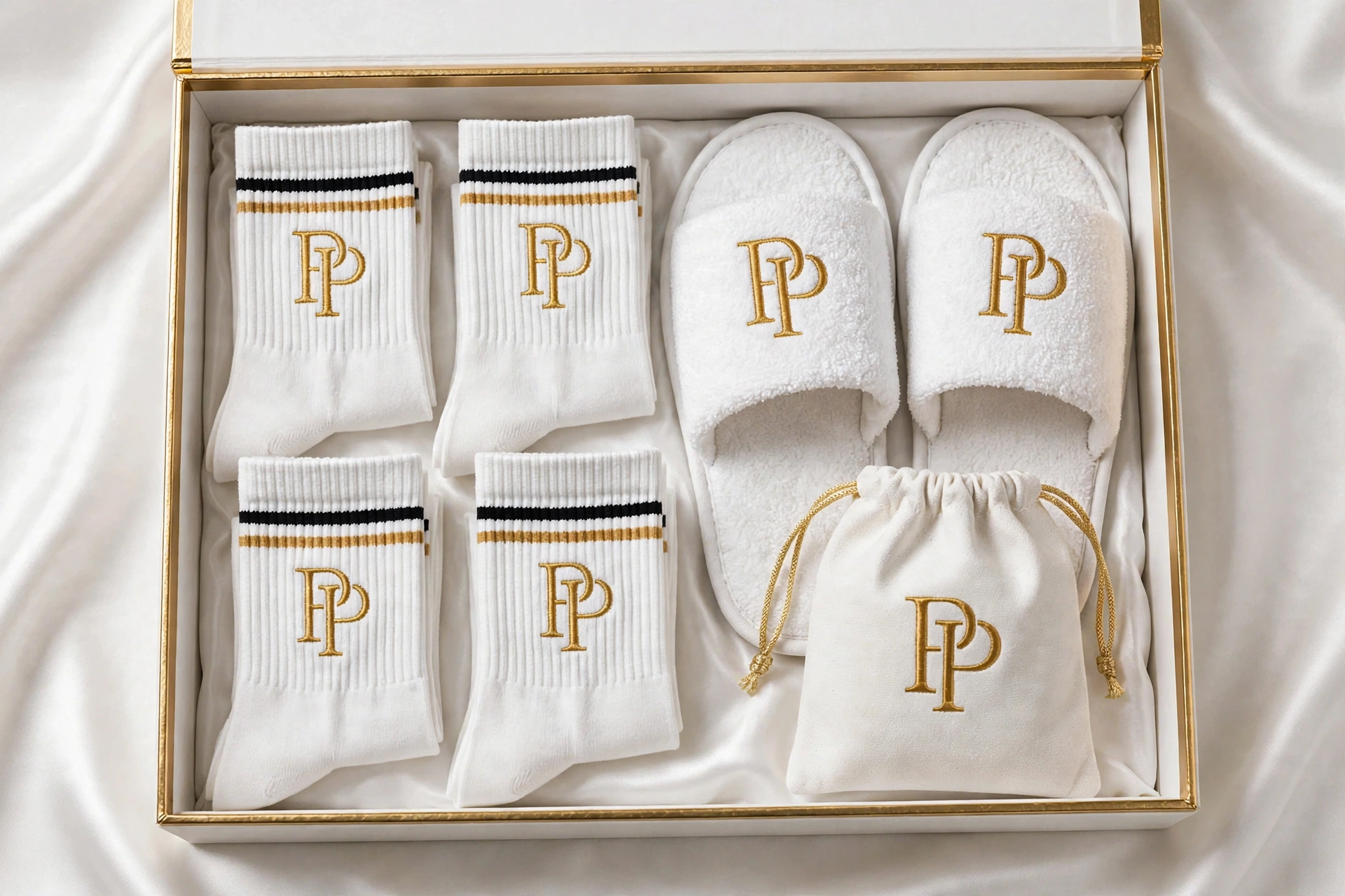 PressPair presentation box with monogram socks, slippers, and travel pouch