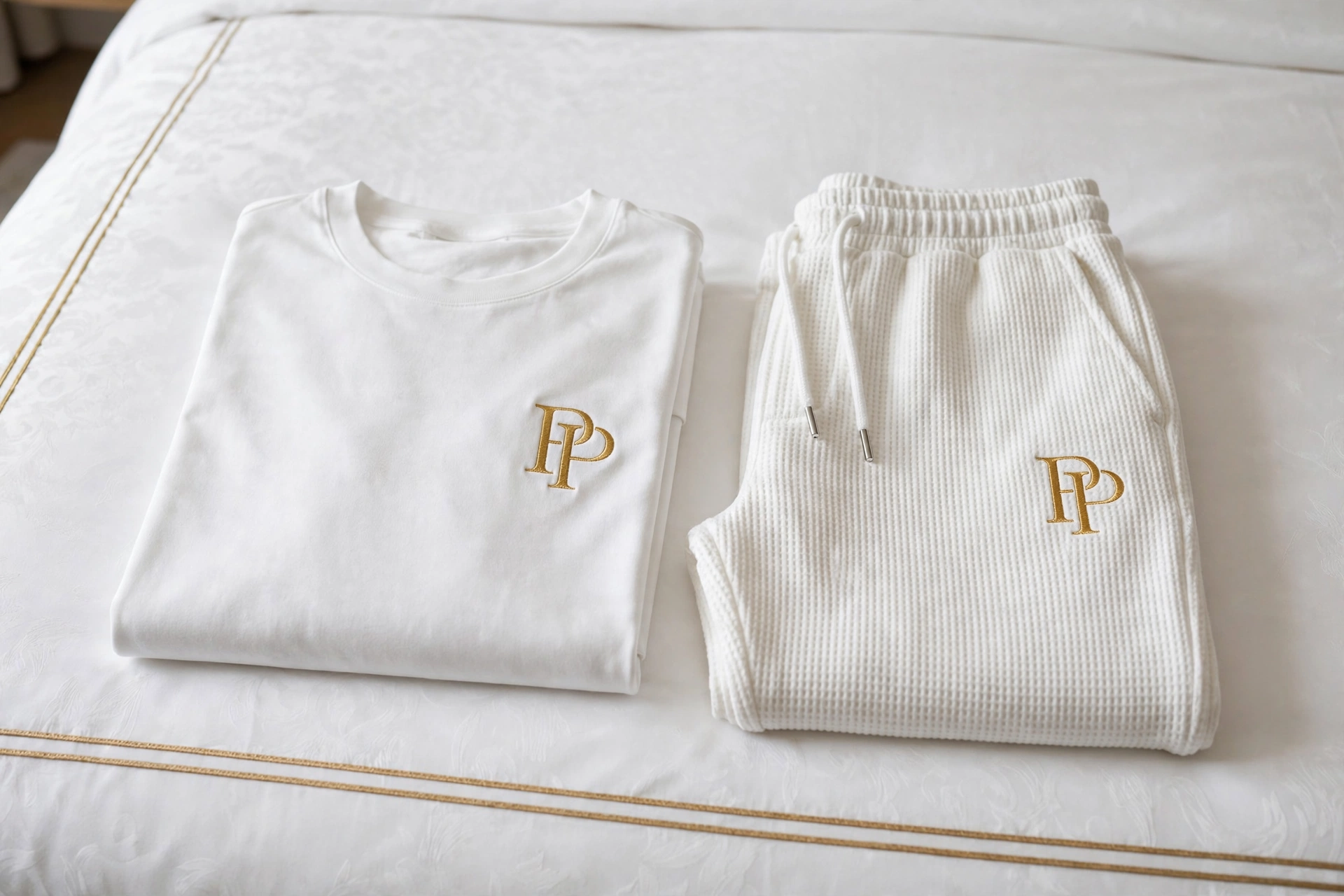 White PressPair monogram lounge shirt with coordinating lounge trousers