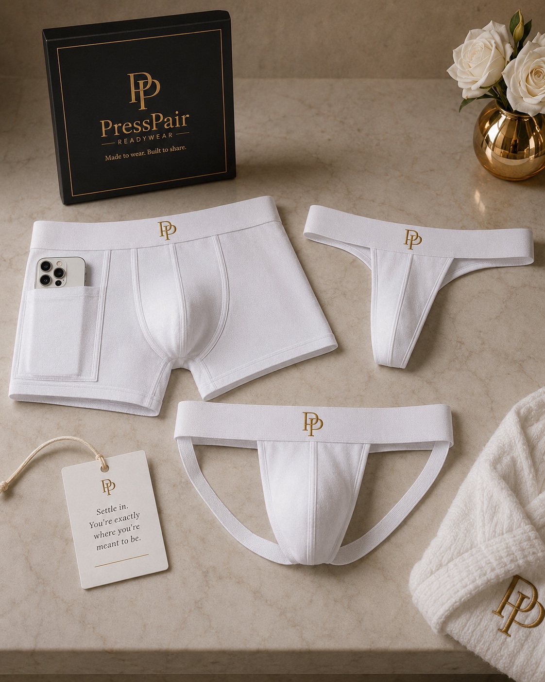 PressPair White and Gold boxer brief, jockstrap and thong flat lay