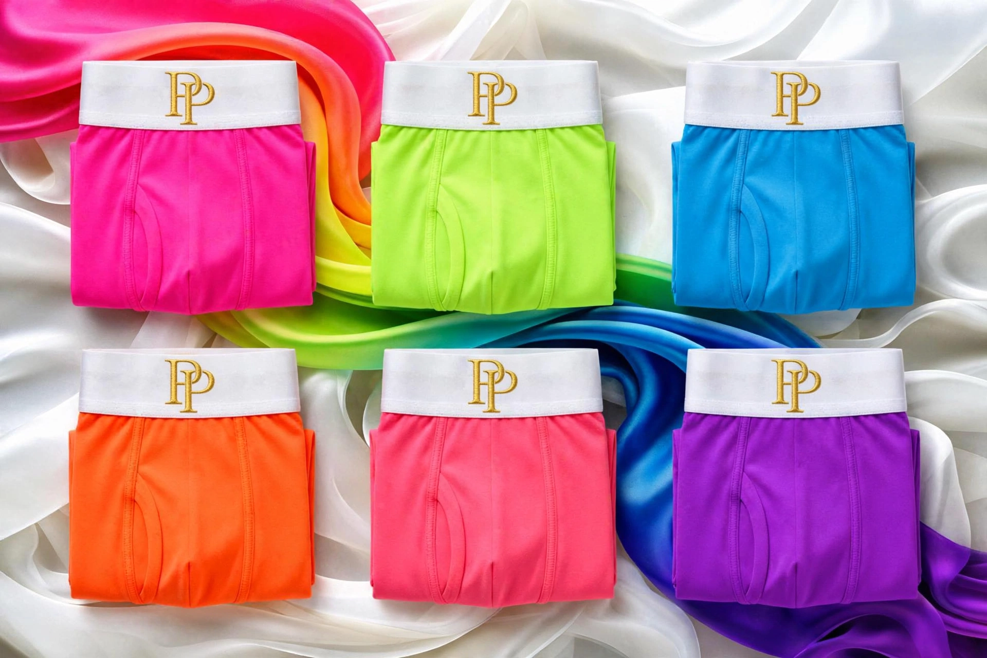 Six folded PressPair Neon Pride Collection boxer briefs