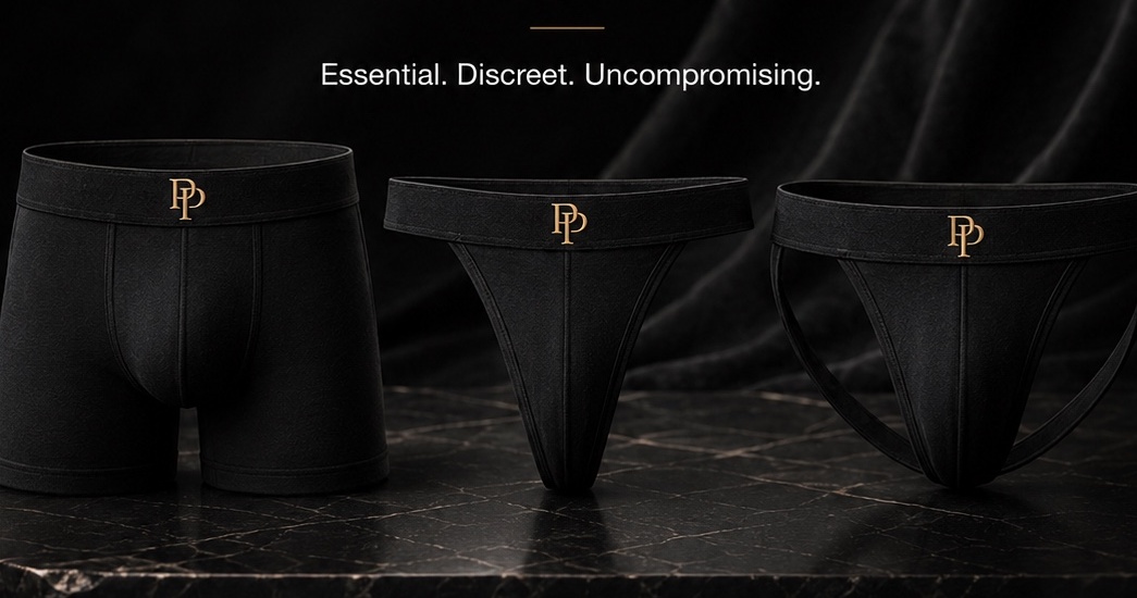PressPair Noir Boxer Brief, Thong and open-back Jockstrap in black and gold