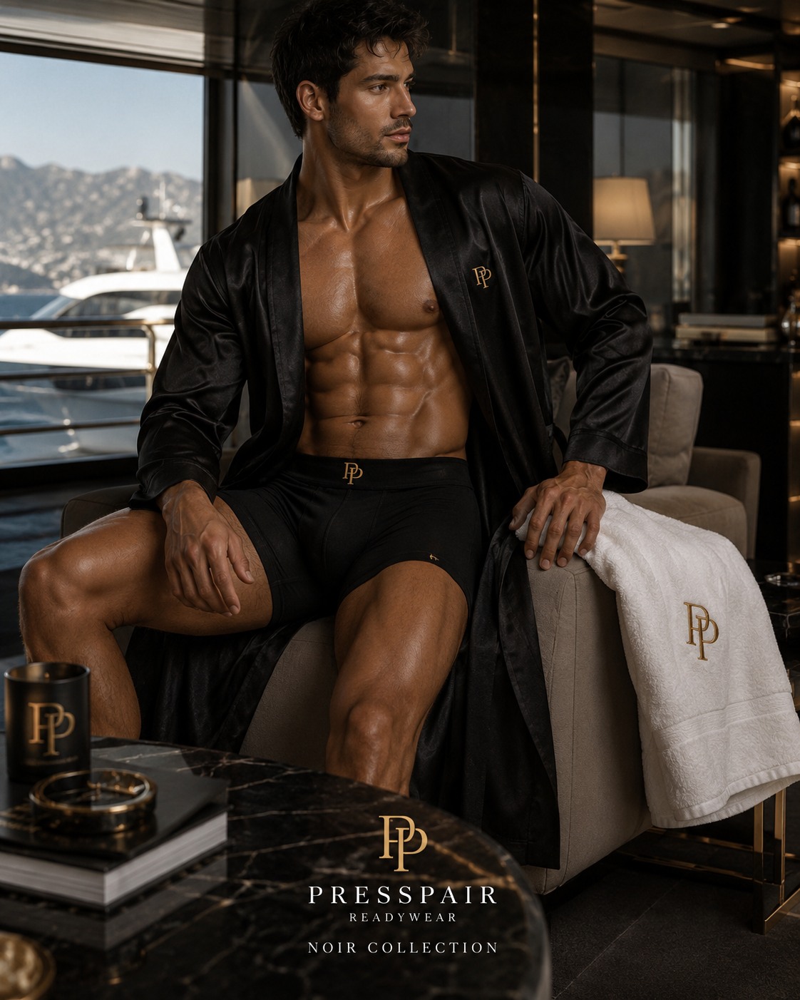 Model in Noir boxer brief and robe in a private yacht suite