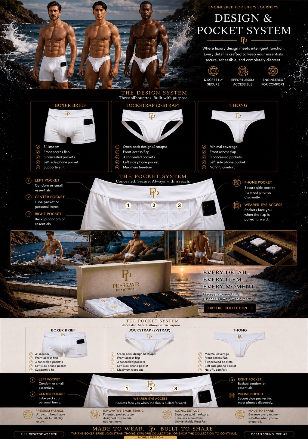 PressPair Design and Pocket System with three models, white and gold underwear, concealed pockets, ocean waves and luxury presentation