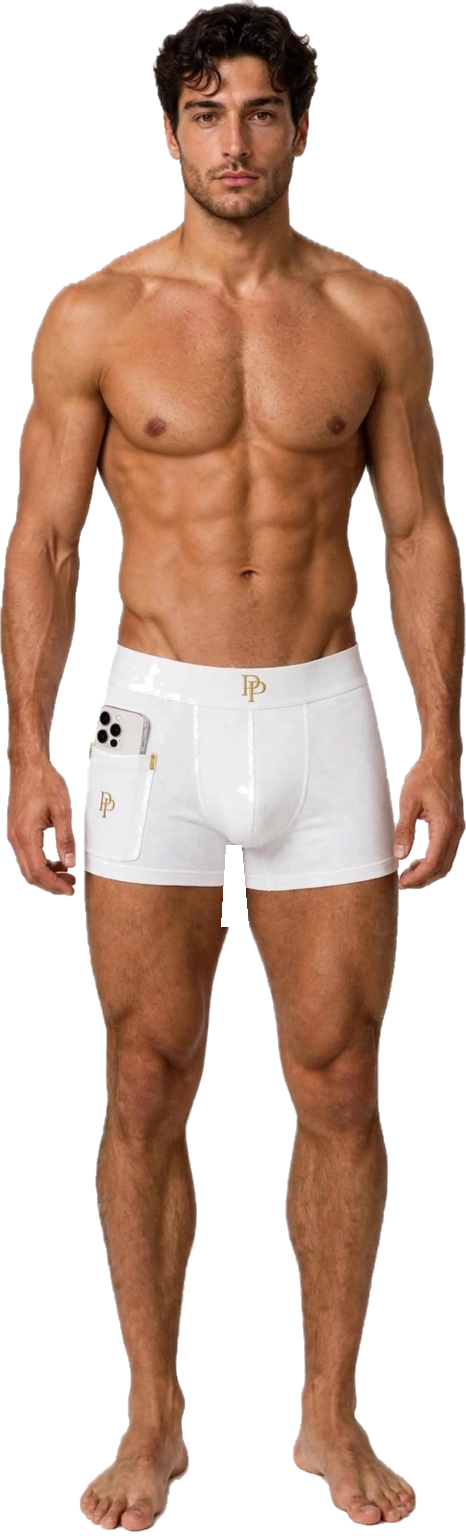 Alexander wearing White and Gold boxer brief