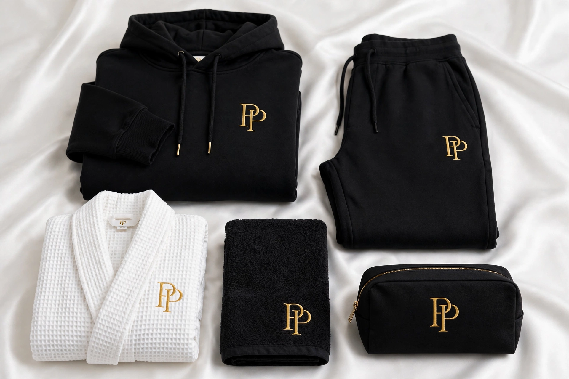 Black PressPair hoodie and jogger with white robe, black towel, and travel pouch