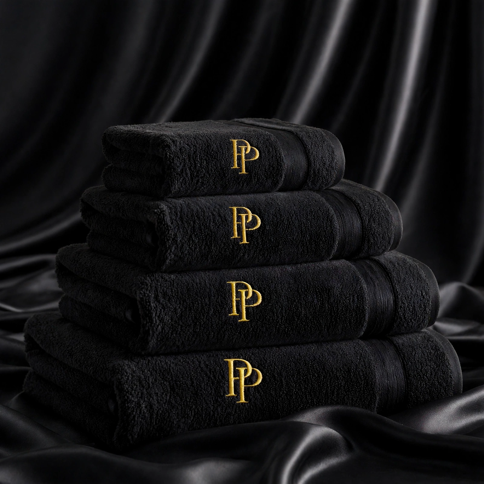 PressPair Noir Monogram Towels — Set of 4 in black and gold