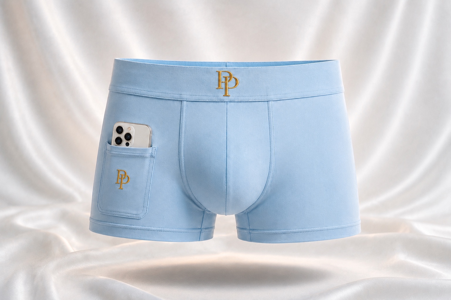 Coastal Blue boxer brief floating over white silk with a phone in the exterior pocket