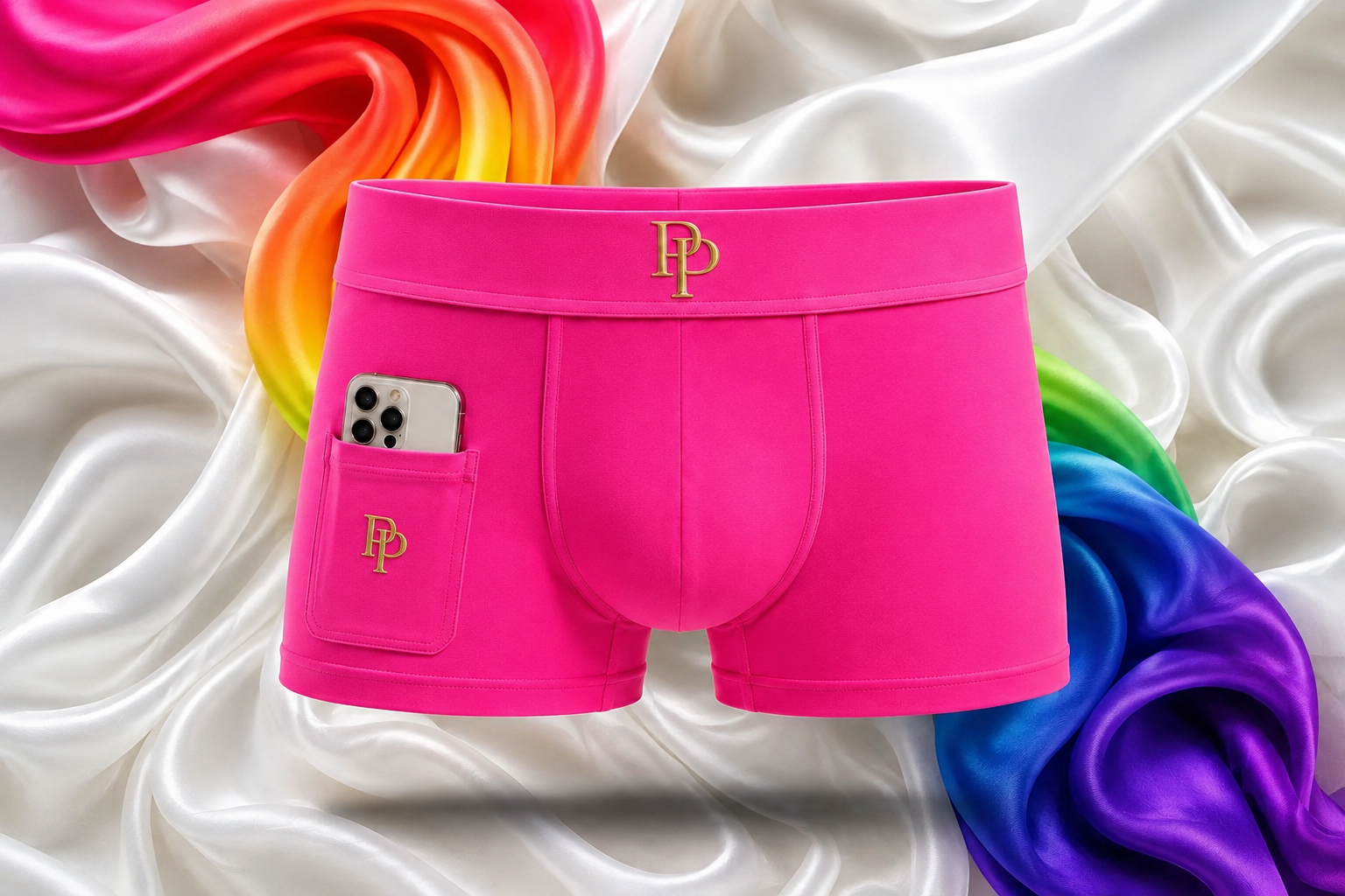 Electric Pink PressPair Pride boxer brief with a phone in its pocket, floating over rainbow and white silk