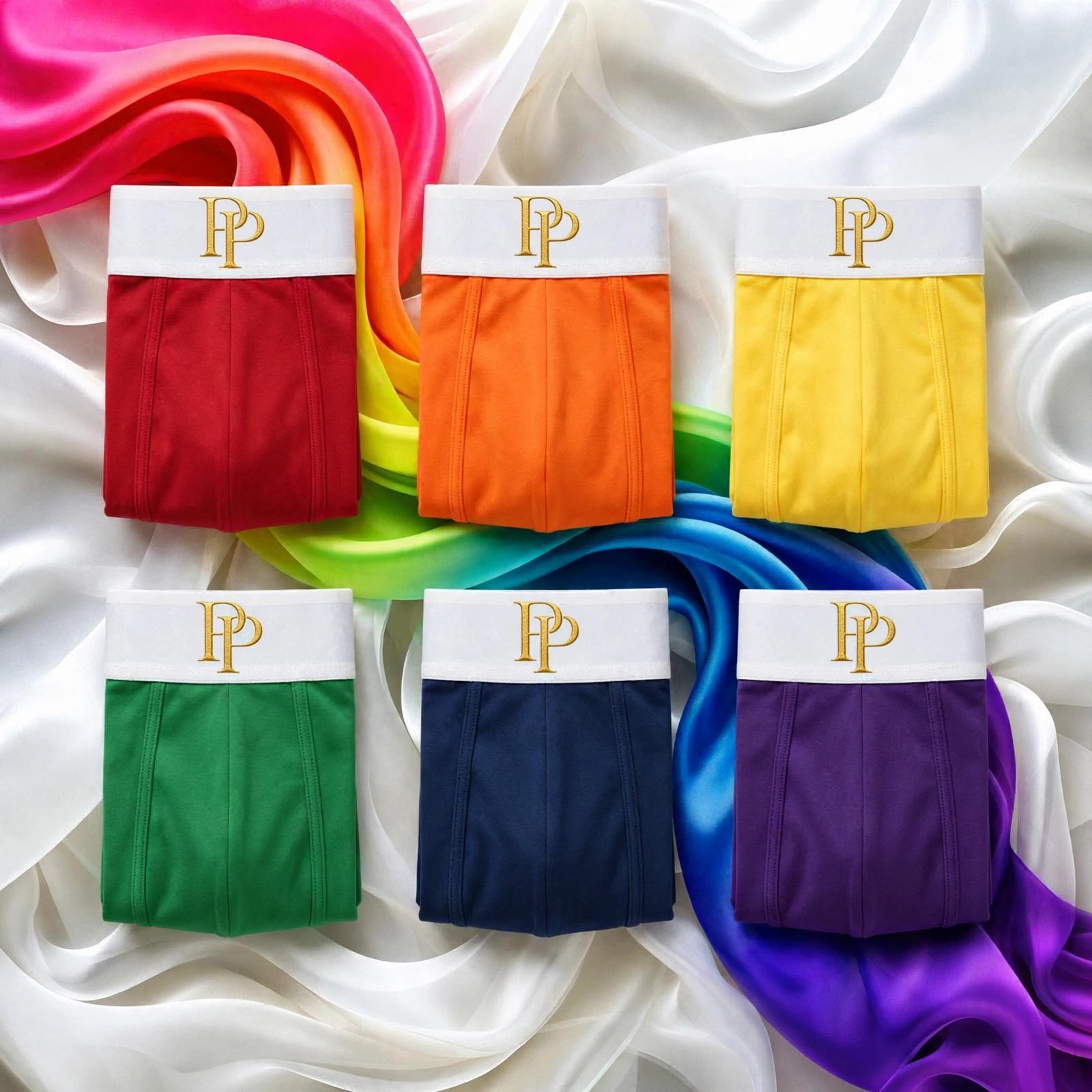 Six folded PressPair True Pride Flag Collection boxer briefs in red, orange, yellow, green, blue, and purple