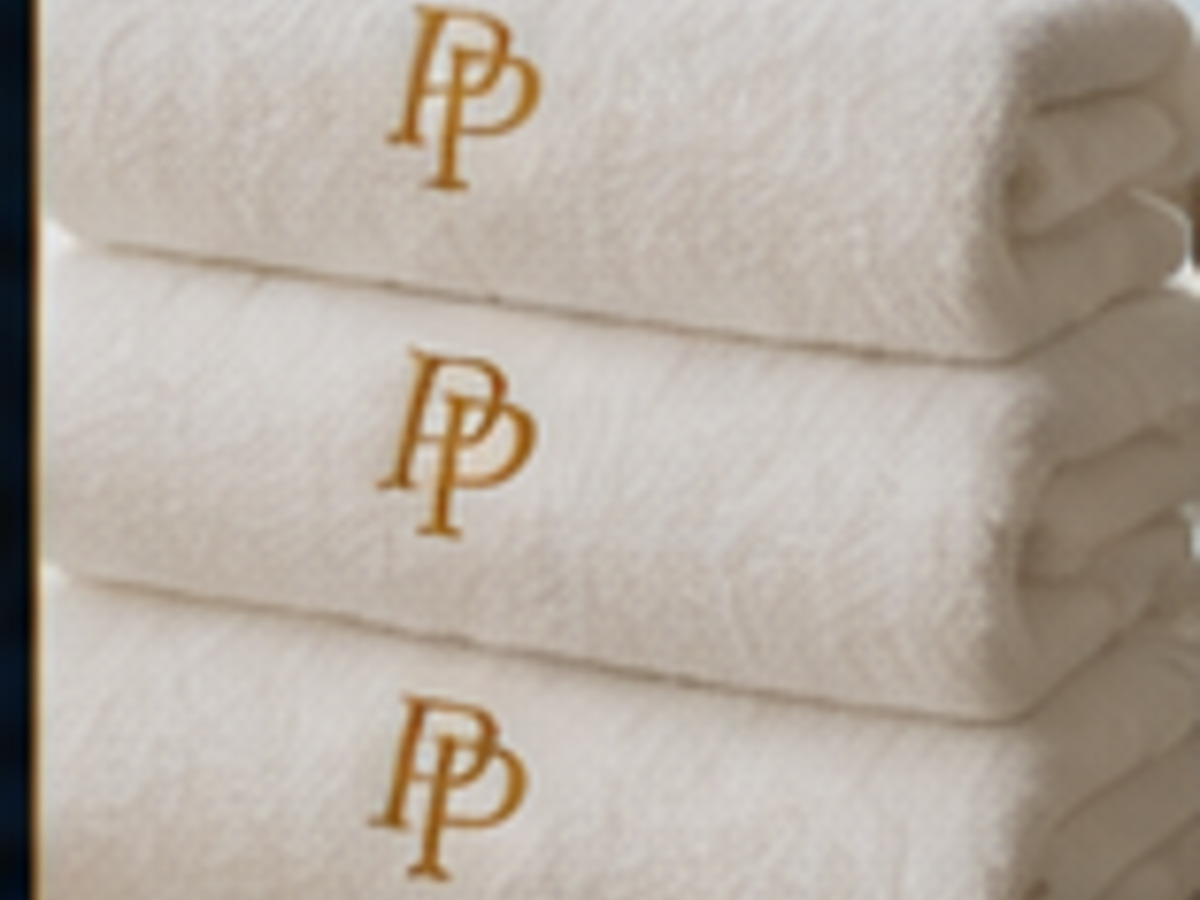 Stack of white PressPair towels with linked gold PP monograms
