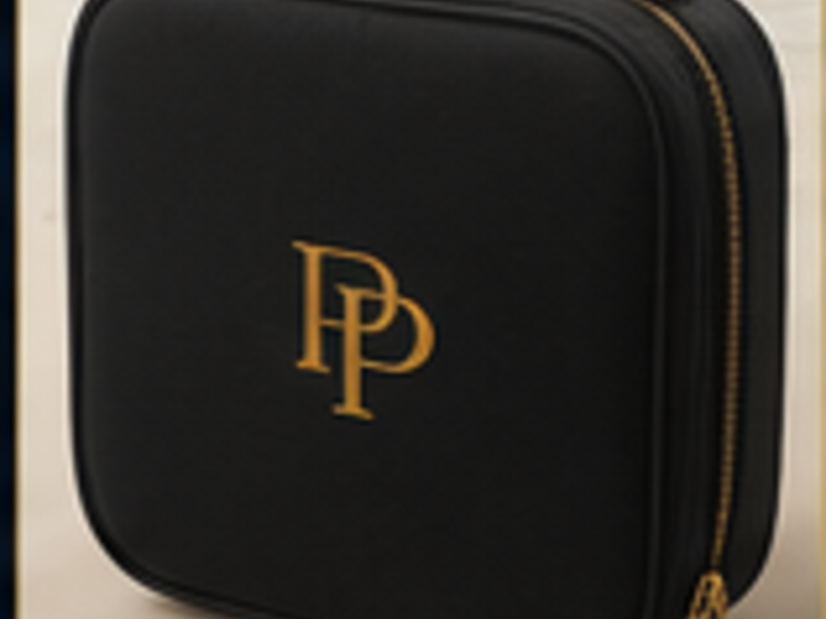 Black PressPair travel case with linked gold PP monogram
