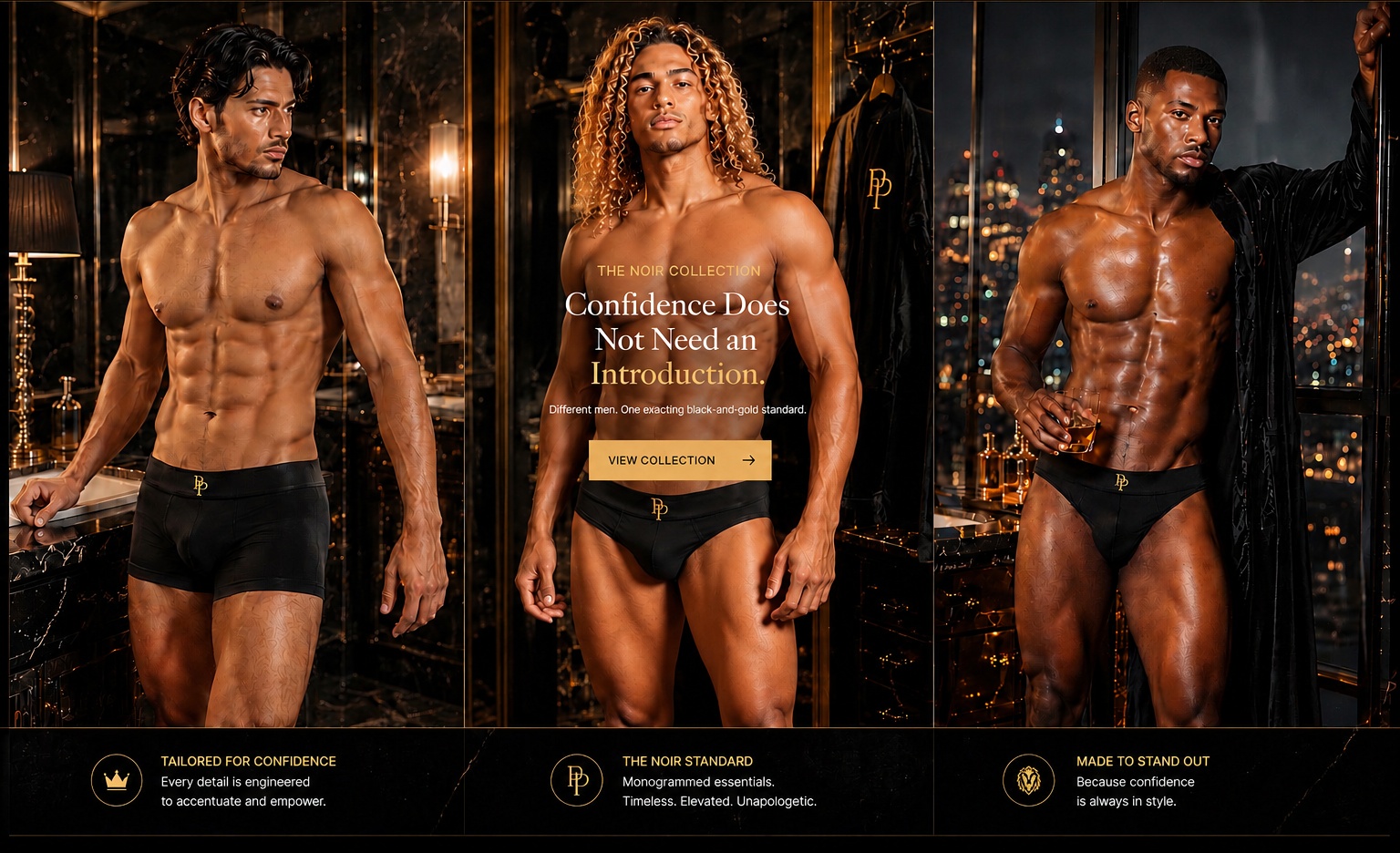 Three models wearing PressPair Noir boxer brief, brief and thong in separate black-and-gold suites